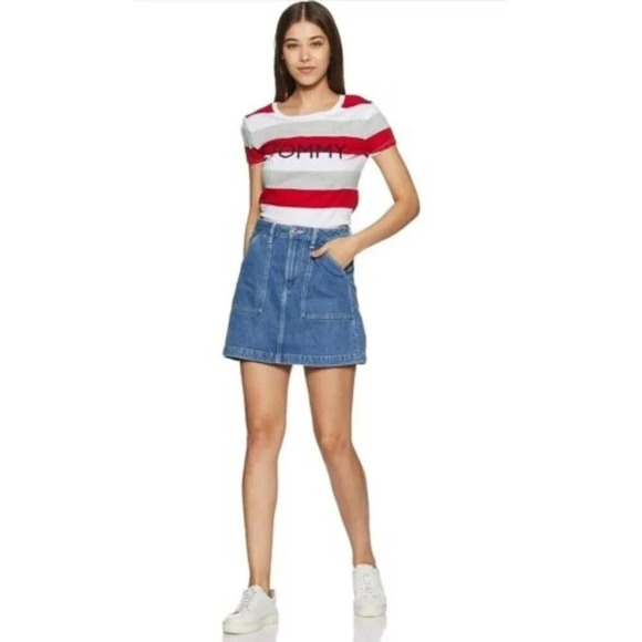Tommy Hilfiger Women’s Striped T Shirt Large Embroidered Spell Out Stretch USA - Picture 3 of 10